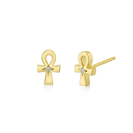 Mini Ankh Cross Earrings With Stone